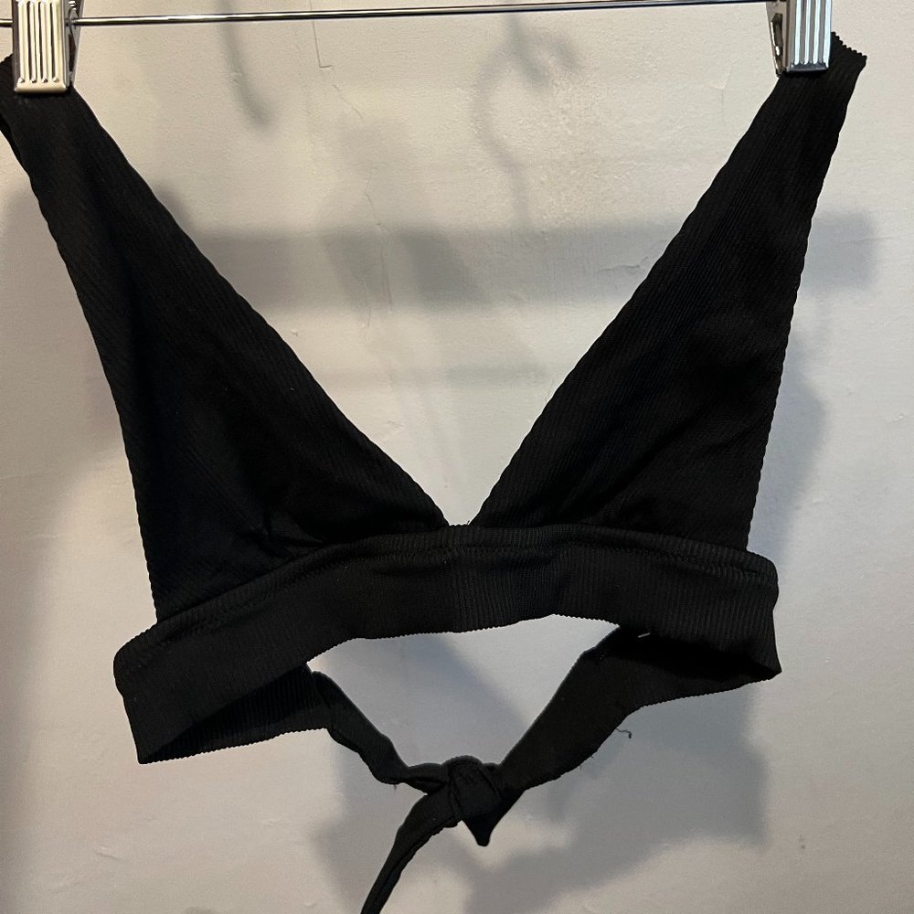 Aerie Ribbed Tie Longline Triangle Bikini Top, Black, Size S